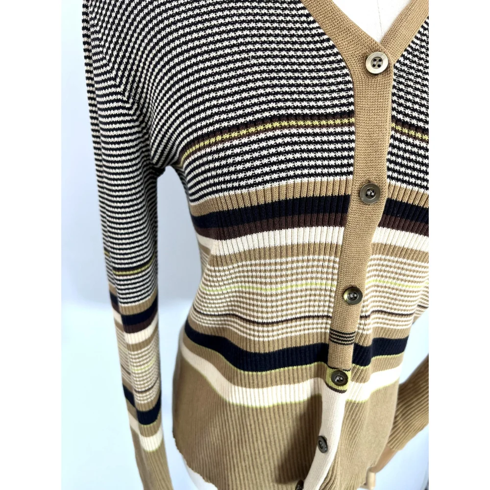 Y2k J. Crew Cardigan Sweater Medium Brown V‎ Neck Button Striped Office Siren